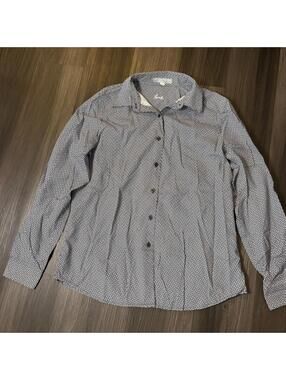 Foxcroft Women's Button Down Shirt Size 10 Navy Blue Long Sleeve Circles